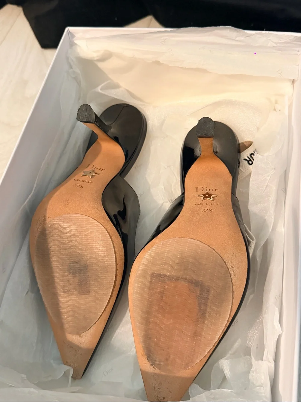 Dior Black Patent Leather Pointed Slingback Pumps with J'Adior Strap